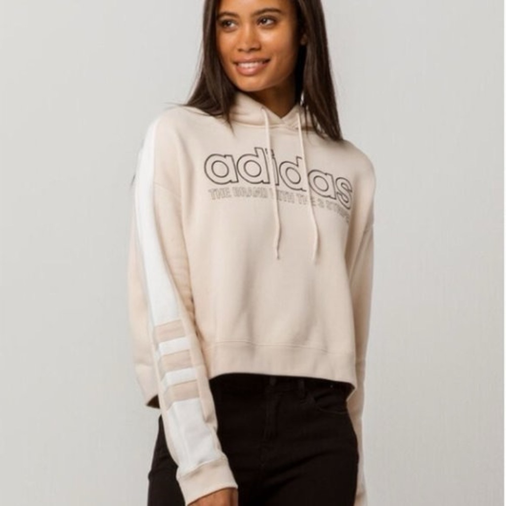 ADIDAS Originals Cropped Sweatshirt Hoodie Women Large in Linen / White